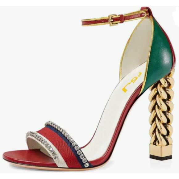 FSJ Red Green Gold Metal Chain Chunky High Heels Ankle Strap Open Toe Sandals - Picture 1 of 9